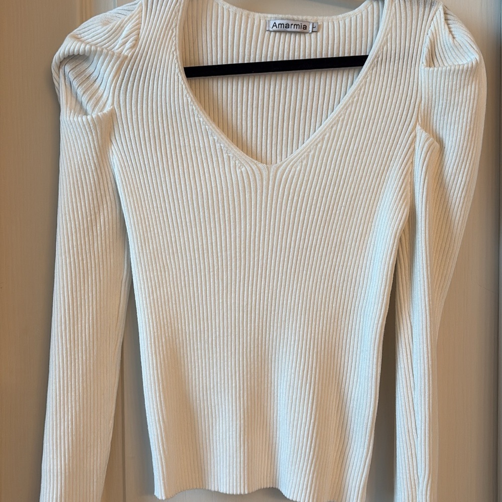 Women's White Ribbed Long Sleeve Top